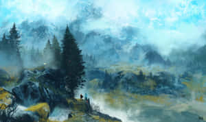 兩個旅人喺霧氣瀰漫嘅山上俯瞰一個廣闊嘅山谷，山谷中有松樹林同白雪覆蓋嘅山峰。