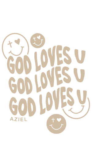米色文字重複 'GOD LOVES U'，帶有笑臉和心形圖案，白色背景。