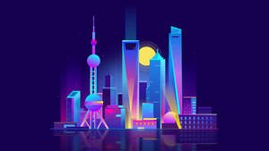 霓虹城市天際線，摩天大樓和夜晚的月亮倒影。 — 花城 壁紙