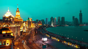 上海夜景天際線，建築閃爍，河畔步道。 — 唐人街 GIF 壁紙