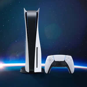 PlayStation 5 主機和控制器在太空中漂浮，周圍有星星和一顆發光的行星。