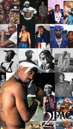 Tupac Shakur各種姿勢和服裝的拼貼畫。