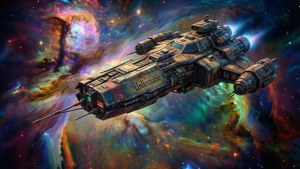 一艘名為 Unlieciable 的詳細太空船飛過太空中的彩色星雲