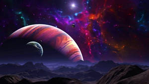 岩石的外星景觀仰望一顆巨大的彩色行星和類似地球的衛星，在繁星點點的星雲中。 — 銀河 壁紙
