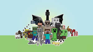 Minecraft角色，包括Steve和Creeper，一起站在草地上。