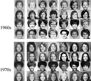 1960年代和1970年代年輕女性的復古黑白肖像網格。