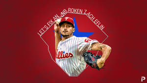 Zach Eflin 身穿費城人隊球衣，在紅色背景上展示球隊標誌和文字，正在投球。