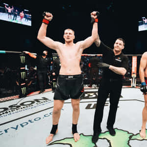 UFC拳手在八角籠中高舉雙臂慶祝勝利。
