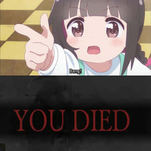 動漫女孩指著觀眾，下方有「YOU DIED」遊戲結束畫面。 — 搞笑動漫GIF 壁紙