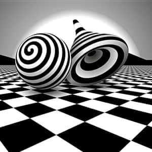 黑白棋盤格地板上的兩個螺旋3D形狀。