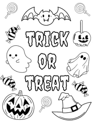 萬聖節填色紙，帶有 trick or treat 文字和恐怖角色 — 卡通萬聖節 壁紙