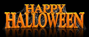 黑色反光背景上帶有蜘蛛網的橙色3D happy halloween字母。