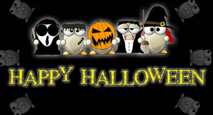五隻穿著萬聖節服裝的企鵝，帶有發光文字寫著 happy halloween。