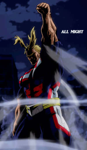 英雄 All Might 在黑暗的天空下以強勢姿態舉起拳頭。