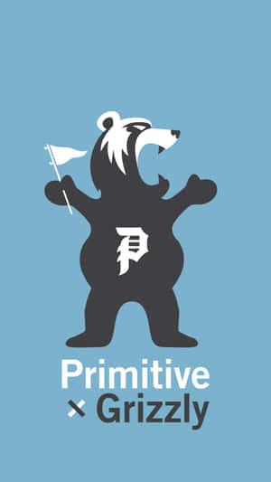 黑熊在藍色背景上舉著帶有 Primitive x Grizzly 文字的旗幟