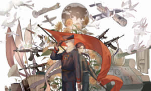 兩名士兵在戰爭裝備和白鴿圍繞地球飛翔中手持紅旗。