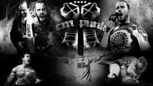 CM Punk WWE摔角手黑白拼貼畫，帶有激烈表情和標誌性姿勢。