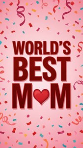 粉紅色背景，帶有彩色紙屑和粗體文字，寫著World's Best Mom，並有一個心形。