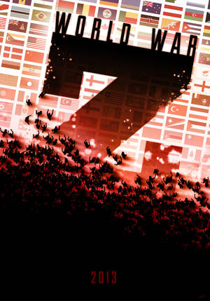 在 World War Z 電影海報中，殭屍群蜂擁在世界旗幟上。