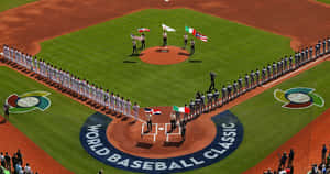 身穿白色球衣的棒球選手在World Baseball Classic儀式中，在綠色場地上列隊。