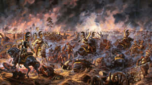 古代騎兵和步兵在煙霧瀰漫的天空下，於熾熱的戰場上交戰。 — 戰爭 壁紙
