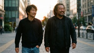 兩個男人在日落時分走在城市街道上，溫暖的光線和背景中的建築物