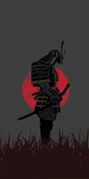 武士剪影持劍，背景是高草中的紅太陽。