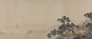 一位孤獨的旅人穿過松樹和亭子附近的迷霧山巒。 — 中文 壁紙