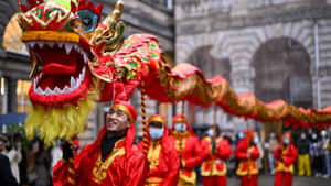 穿著紅色服裝的表演者在街頭慶祝活動中舞動傳統龍。 — 中文 壁紙