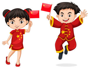兩個穿著紅色服裝的快樂小孩揮舞著中國國旗。 — 中國 壁紙