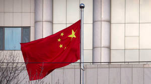 中國國旗在現代建築前與光禿的樹木一起飄揚。 — 中國 壁紙