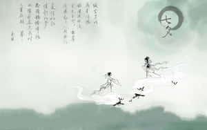 兩個神話人物在雲上滑翔，鳥兒在下方飛翔，背景是迷濛的綠色天空。 — 中文 壁紙