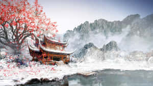 雪亭河邊紅楓樹霧山 — 中文 壁紙