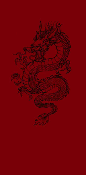 紅色背景上的風格化黑色龍插圖。