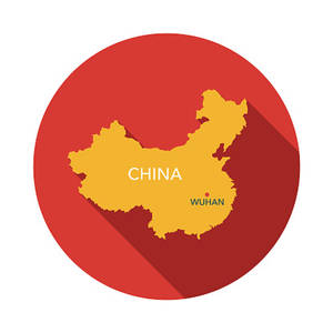 中國地圖，在紅色圓圈中突出顯示武漢，帶有長陰影。 — 唐人街 GIF 壁紙