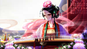 穿著傳統長袍的動漫女孩在粉紅牡丹和飄逸絲帶中彈奏古箏。 — 唐人街 GIF 壁紙