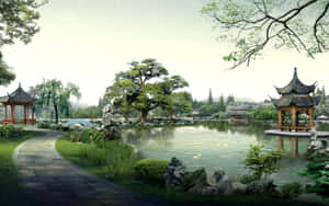 寧靜的傳統中式花園，池塘旁有亭台樓閣和石徑。 — 唐人街 GIF 壁紙