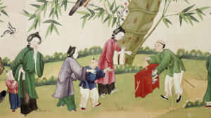 一群穿著傳統中國服飾的人在竹樹下戶外玩耍。 — 唐人街 GIF 壁紙