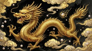 金龍細節鱗片在雲和珍珠間飛翔，黑暗背景