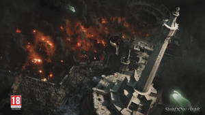 一座廢墟城堡塔樓在夜晚俯瞰著燃燒的戰場。