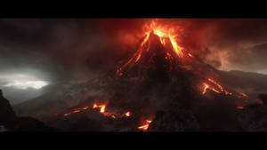 火山爆發，發光的熔岩沿著山坡流下。