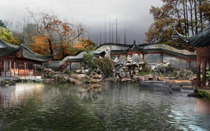 傳統中國花園，亭台和秋樹倒映在平靜的池塘中。 — 唐人街 GIF 壁紙