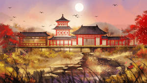 滿月下，水上的橋上的紅色日本寺廟，有飛鳥。 — 中國 壁紙