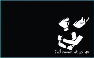 兩個動漫風格人物擁抱，並帶有文字 i will never let you go。