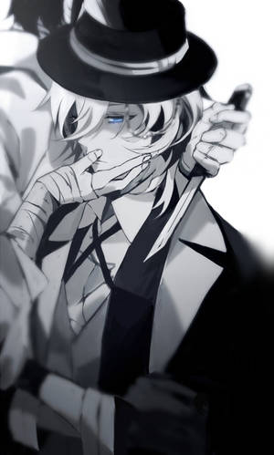 戴軟呢帽和西裝的動漫男子手持香煙，露出一隻藍色的眼睛。 — 卡通 壁紙