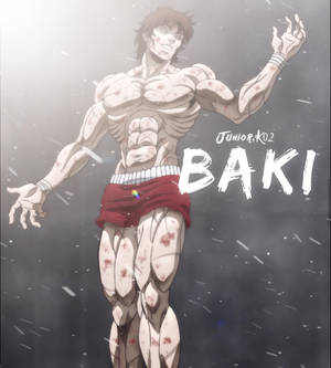 動漫角色 Baki 站在雪中，身體沾滿鮮血，雙臂張開。