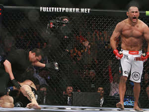 MMA拳手在八角籠中慶祝勝利，對手正由裁判檢查。 — 拳擊 壁紙