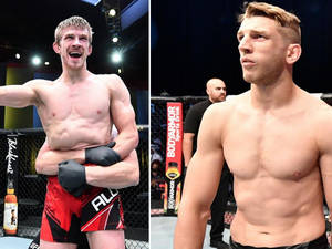 八角籠中的兩位MMA拳手，一位慶祝，一位堅毅站立。