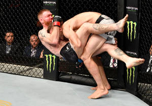兩名MMA拳手在UFC比賽中於八角籠內交戰。