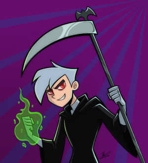 卡通死神手持鐮刀和綠色發光拳頭形狀藥水。 — 茱莉與魅影 壁紙